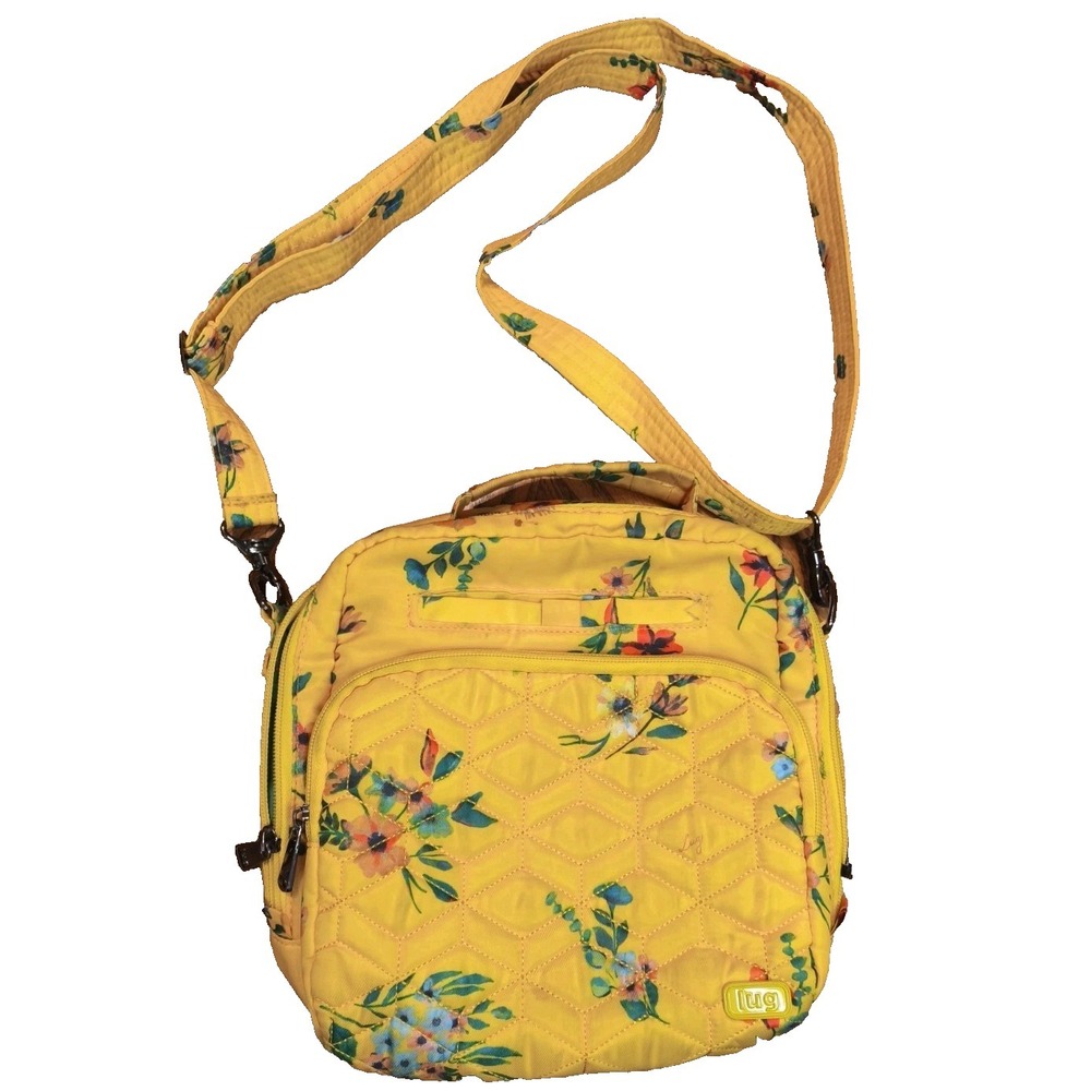 Lug Ranger Crossbody Bag Yellow Floral Quilted Multi Pocket Travel Purse